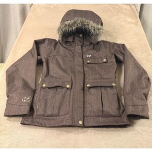 Foursquare 15k Snowboard Jacket Womens XS Brown Pinstripe 15K Faux Hooded EUC